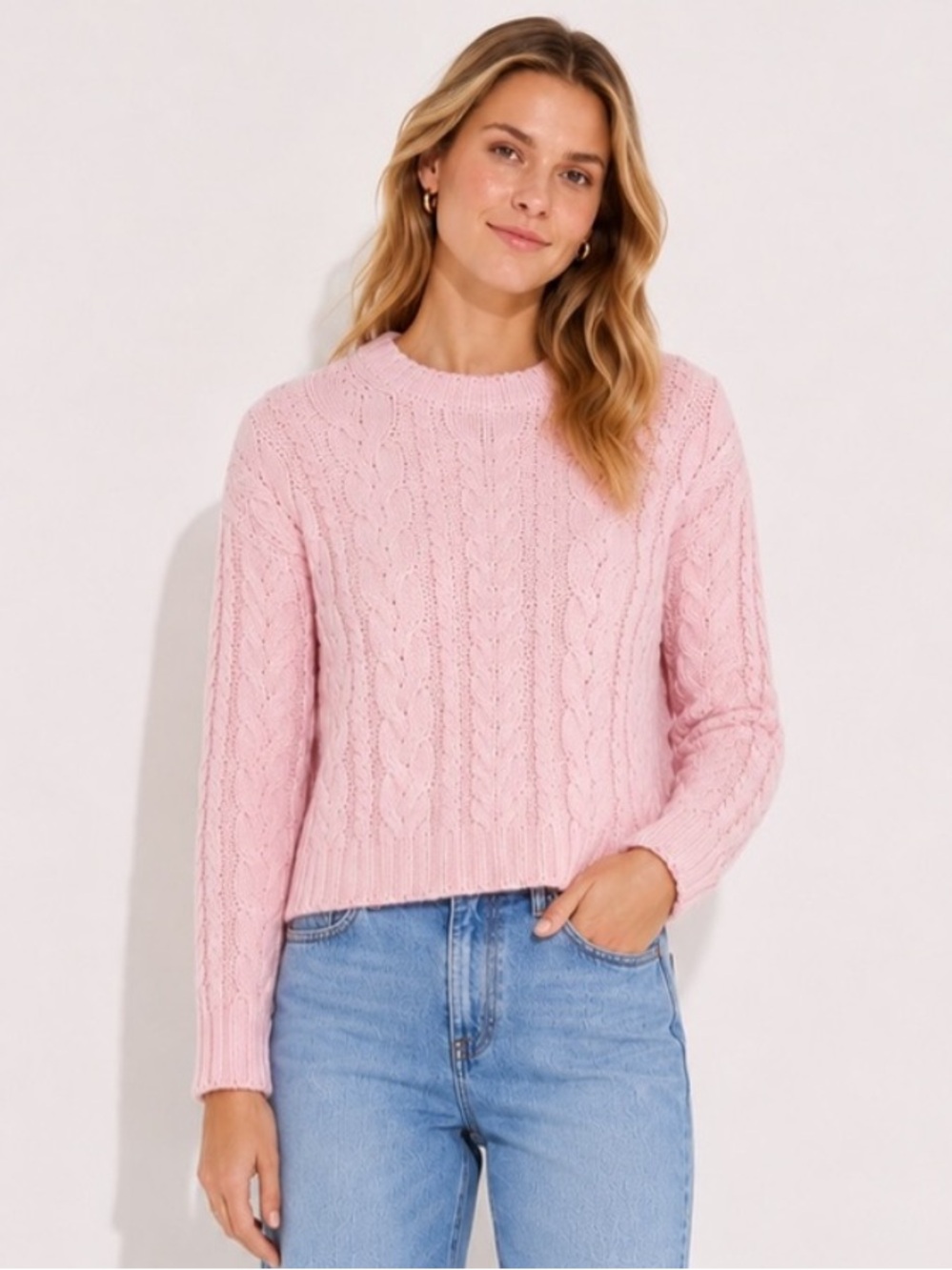 J Crew Cable Knit Crewneck Sweater in Delicate Bloom